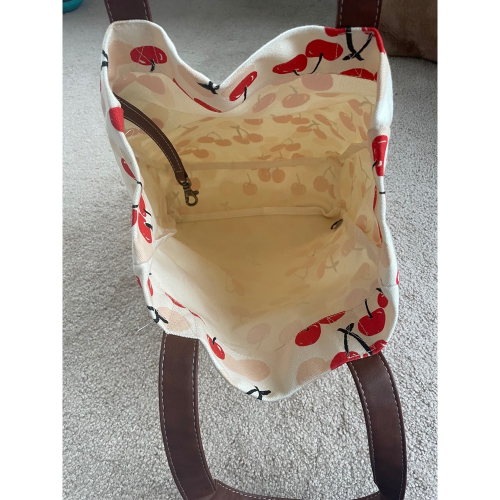 Maika Cherry Print Canvas Tote Bag Cream Red Polka Dot Vegan Leather Handles - Picture 2 of 3